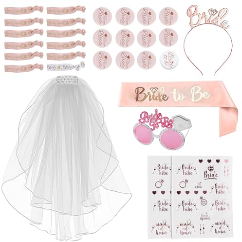 Bride to Be Schärpe und Schleier, Frauen Junggesellinnenabschied Accessoires JGA Deko Frauen Set mit Tiara Brille, Team Braut Tattoos 12 Armbänder, Abzeichen für Bachelorette Party
