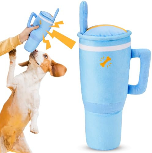 ZooZoo Tumbler Cup Squeaky Interactive Dog Chew Toy, Durable Pet Plaything with Unique Cup and Handle Design, Chew-Resistant Material with Stimulating Sound, Long-Lasting Fun for Active Dogs (Blue)