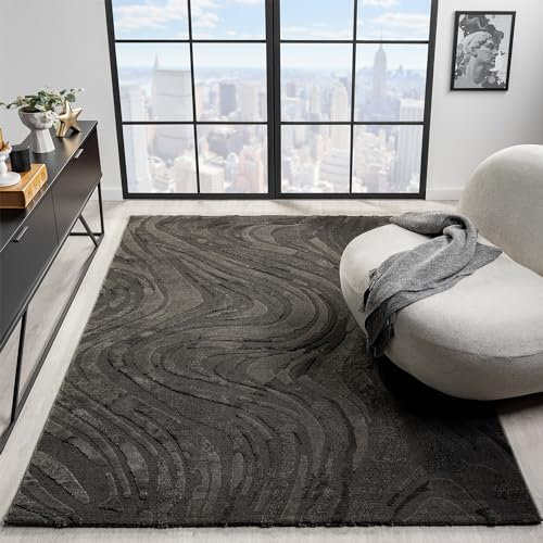 VIMODA Teppich Wohnzimmer Teppich Schlafzimmer 3D Effekt modern Weich kurzflor Wellenmuster Qualitativ, Farbe:Anthrazit, Maße:240x330 cm