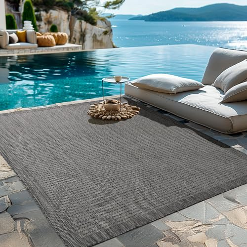 HomebyHome Outdoor-Teppich Flachgewebe Wetterfest Einfarbig Schwarz Küchenteppich, Balkon Terrassen Garten Wohnzimmer Teppich 160 x 230 cm