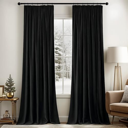 MIULEE Black Velvet Pencil Pleat Darkening Curtains for Bedroom 2 Panel Set, Super Soft Luxury Home Decor Living Room, Thick Room Darkening Curtains 90 Drop, Each 90 x 90 Inche