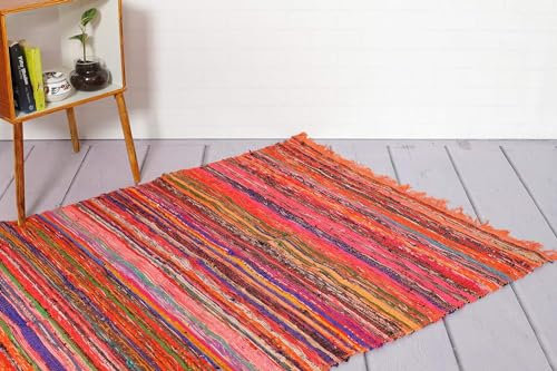 Chindi Flickenteppich, handgefertigt, Baumwolle, gefärbt, mehrfarbig, Raumdekoration, Yoga-Matte, Heimdekoration, recycelter Teppich, 1,5 x 0,9 m, Orange