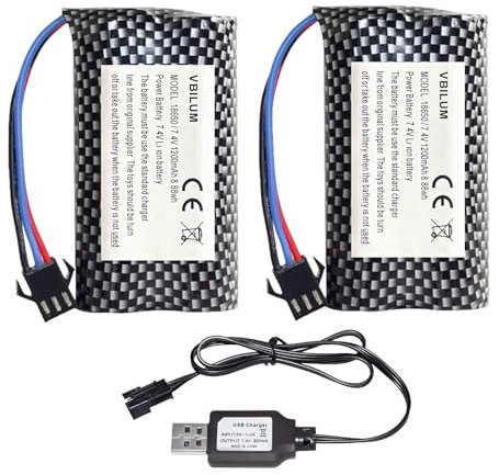 VBILUM Batterie Voiture RC 7,4V 1200mAh SM-3P Plug pour Huina 1575 Camion RC DE43 DE60 Voiture RC MN99s MN99 MN98 MN78 SGP06 Jeep Télécommandée Lithium-ION Batterie avec câble Chargeur
