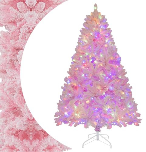 SPOTRAVEL Pre-lit Christmas Tree, 6FT Snow Flocked Pink Artificial Xmas Trees with 808 Branch Tips, 350 Colorful LED Lights & 8 Lighting Modes, Seasonal Holiday Decoration for Office Home