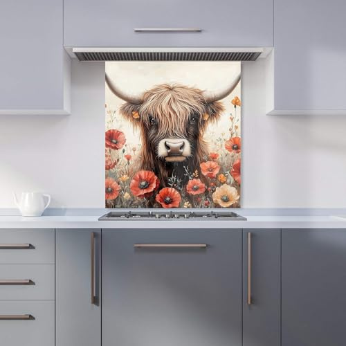 Premium Highland Cow And Summer Flowers Kitchen Splashback 6mm Toughened Glass Kitchen Splashback – Heat Resistant Splashback for Kitchens, Perfect for Cookers and Hobs, Polished Edges