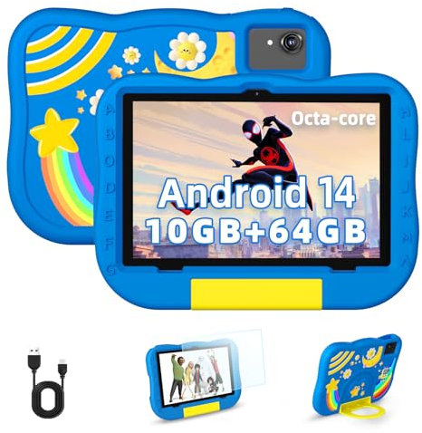 2024 Nuovo Tablet Android 14 per Bambini da 10 Pollici, Octa-Core 10+64GB (1TB Espandibile), Custodia Antiurto, Controllo Parentale, dai 6 Anni in Su (Blu)