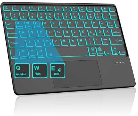 JADEMALL Bluetooth Tastatur mit Touchpad und 7-Farben-Beleuchtung für iPad 10.9“/10.2”/9.7“, iPad 11, Samsung - Kabellose, Ultraleichte Deutsche QWERTZ Tastatur mit iOS-Sondertasten (10 Zoll, Schwarz)