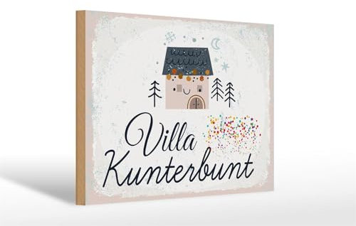 Femer Holzschild Spruch Haus Villa Kunterbunt bunt 30x20cm