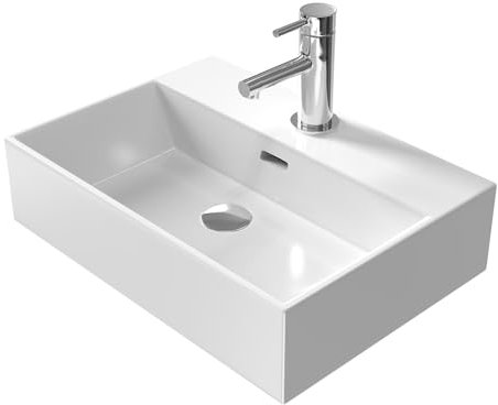 EMKE Modernes Design, Hänge-Waschbecken aus hochwertiger Keramik mit feinem Rand, Waschbecken für Badezimmer und Gäste-WC, 515 x 360 x 130 mm, weiß, quadratisches Waschbecken, Waschbecken auf Ebene