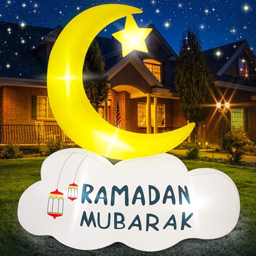 TwoBees Ramadan-Dekoration, aufblasbar, für den Außenbereich, Eid Mubarak & Ramadan Mubarak, Mond, Wolke, Stern-Dekor mit integrierten LED-Lichtern, muslimisch-islamischer Aufblasen für Zuhause, Hof