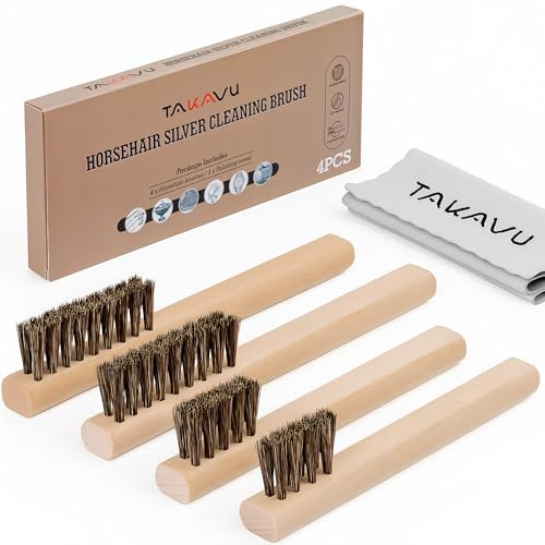 TAKAVU Ensemble de brosses de nettoyage en crin de cheval, brosses de nettoyage argentées et chiffon de polissage pour argenterie, vaisselle, bijoux, Lot de 4 brosses en crin de cheval, Small