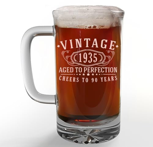 Vintage 1935 Etched 16oz Glass Beer Mug Stein – Happy 90th Birthday Gifts for Men Women, Cheers Turning 90 Year Old Decorations Him Dad, 90th Bday Party Favors Supplies, Best Gift Ideas Man Woman 1.0