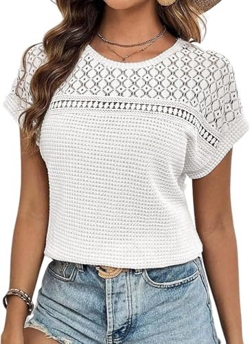 Chicrise Womens Summer Tops Lace Short Sleeve T Shirts Round Neck Casual Blouse Loose Fit White Small 8-10 S