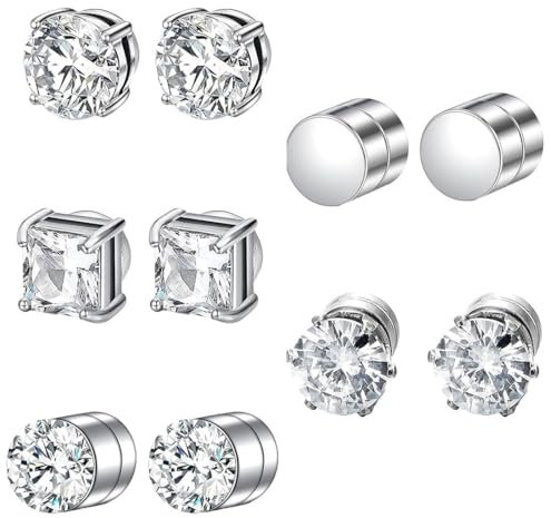 PEVRUAY Lot de 5 paires de boucles d'oreilles magnétiques 6 mm en acier inoxydable et zircone cubique 316L
