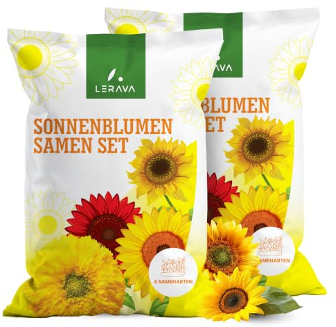 LERAVA® Sonnenblumen Samen Set (4 Sorten) - Riesige gelbe & rote Sonnenblume - Zwerg und Sungold Teddy - Premium Sonnenblumensamen für Garten und Balkon - Blumensamen Geschenk für Hobbygärtner