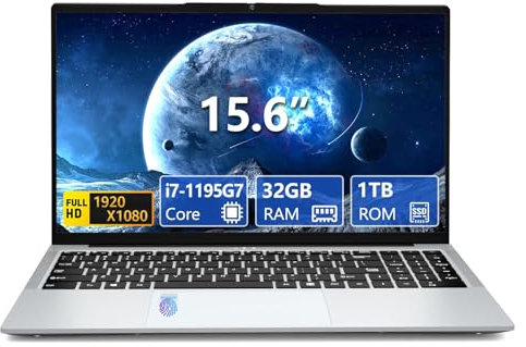 Computer portatile da gioco Core i7, computer portatile da 15,6 pollici, laptop 32 GB RAM 1 TB SSD, angolo aperto 180, display FHD 1920 x 1080, sblocco impronte digitali, tastiera retroilluminata