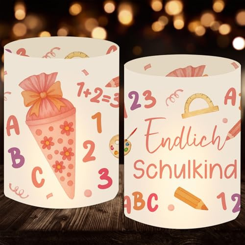 12 Windlicht Tischdeko Einschulung Mädchen, Endlich Schulkind 2026 Mädchen Deko, Schulanfang Deko mit Bunten Schultüte ABC, Geeignet für Teelichter oder Kerzen