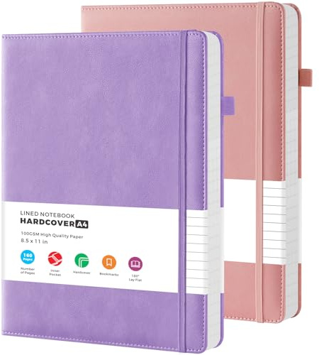 2 Pack A4 Notebook Journals for Women, A4 Notepad Hardback with 100GSM Lined Paper, No Bleed, Inner Pocket, Large PU Leather Note Book for Office School Supplies, 21.5 x 28 cm