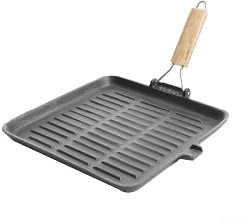 Yhenlovtt Vorgebrannter Gusseisen-Grill für 27,9 cm Kochen, faltbar mit Bratpfanne, Holzgriff, Pfanne für den Innen- und Außenbereich, quadratisch, Camping, Steak, Braten und sogar