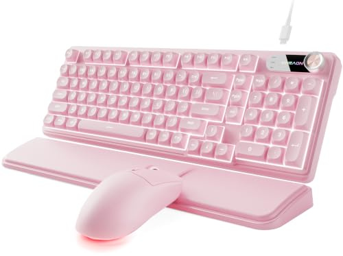 EWEADN Wired Keyboard and Mouse Combo with Detachable Wrist Rest - Pink | RGB Backlit, Media Knob, Soft Creamy Typing, Rounded Keycaps, Cute Aesthetic Setup for PC, Mac, Desktop, Laptop, EWEADN C98