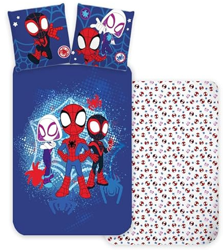 Spidey Super-Freunde Babybettwäsche 100x135 + Kissenbezug 40x60 Baumwolle | Baby-Bettwäsche | Kinderbett 60x120 & 70x140 | Trio im Einsatz am Himmel | Marvel