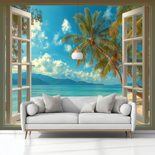 Vlies Fototapete 250x175 cm - Foto Tapete Schlafzimmer Wohnzimmer Flur Meerblick Fenster Palmen Blau Moderne Vliestapete Wandtapete Motivtapeten Bildtapete 3d Effekt Wanddeko