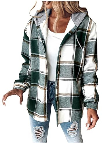 Chanpning Veste À Carreaux Femme Chic Manteau Bûcheron Chemisier Manches Longues Chaud Surchemise Boutonnée Blouse Avec Capuche Carreaux Veste Hiver Surdimensionnée Vintage Casual Chemise