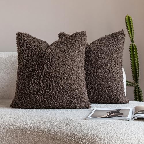 Neelvin 2er Set Dekorative Kissenbezug Teddy Wolle Künstlich Pelz Kissenbezüge Weiche Plüschkissen Kissenhülle Bouclé Zierkissenbezüge Sofakissen für Sofa Schlafzimmer Wohnzimmer 45x45cm Schokoladen