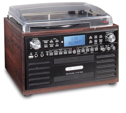 EUROtops Impianto musicale DAB+ con masterizzatore CD, giradischi e cassette | Bluetooth, registrazione USB, impianto compatto con 2 unità CD, impianto stereo, telecomando, grande display, impianto Hi-Fi