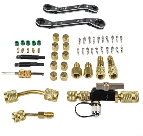 SageFurned Valvola nucleo set di attrezzi per aria condizionata R410A R32 R22 con doppia chiave adattatore in ottone e guarnizioni