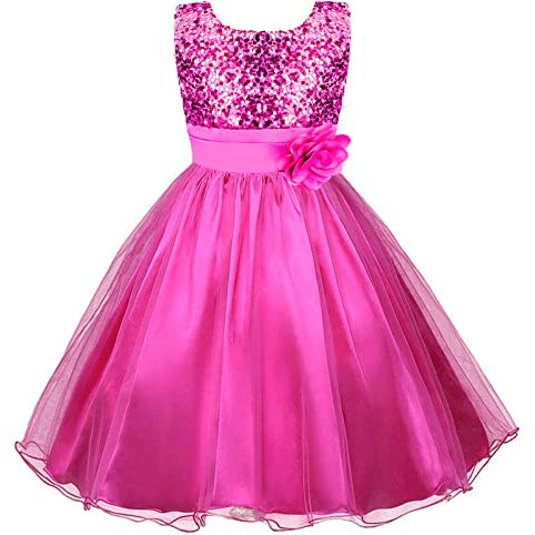 Discoball Abito da Principessa (Paillettes Tulle Fiore) in Pizzo senza Maniche per Matrimonio, Festa di Compleanno, Concorso, Damigella d'Onore per Bimba (6-7 Anni, Rosa.)