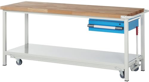 eurokraft | Fahr- und absenkbare Werkbank | Gestellbauweise Serie 8000 | 1 Hängeschublade | Ablageboden | BxT 2000 x 700 mm