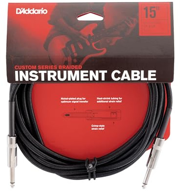 D’Addario Accessories Custom Series Braided Guitar Cable - Instrument Cable with Nickel Plated ¼ Inch Ends - Protects Guitar Cord Against Cuts, Kinking - 15 feet - Black