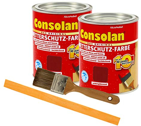 Consolan Wetterschutzfarbe deckend / 2x 0,75L / Holzschutzfarbe Holzfarbe bis zu 10 Jahre wetterbeständig für Holz und Zink Außen inkl. Pinsel & Rührstab (rotbraun 204)