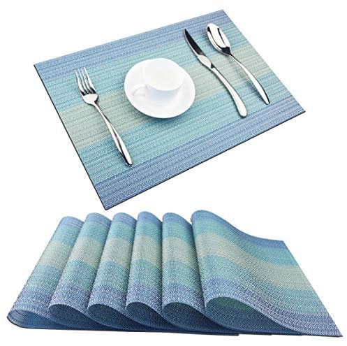 PIGCHCY Placemat,Washable Woven Non-Slip Insulation Durable Placemat Vinyl Table Mat Set of 6 (6pcs Placemats, Coastal Blue)