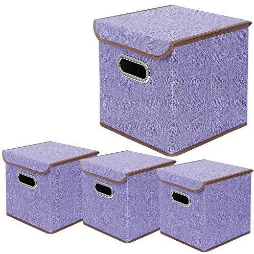 BeigeSwan Aufbewahrungsbehälter [4er-Set] Leinenstoff Faltbarer Behälter mit Deckel, faltbare Organizer-Boxen Würfel – 25,4 x 25,4 x 25,4 cm (lila)