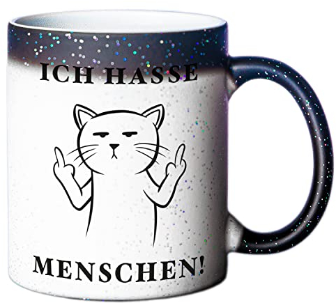 Glitzer Tasse mit Thermoeffekt Ich hasse Menschen | Schwarz | Katze | 330ml | doppelseitig bedruckt | Für Katzenliebhaber als witzige Geschenkidee zu Weihnachten für beste Freundin oder Kollegin
