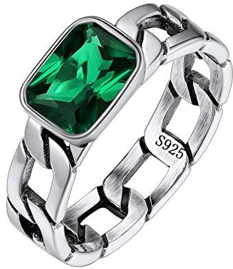 Silvora Stapelbarer Cuban Link Fingerring 5mm breit Damen Herren 925 Silber Panzerkette Ringe mit Grün Zirkonia Quadratischer Smaragd Siegelring Promise Ring Ringgröße 69.7 (22