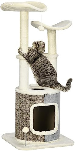 PawHut Arbre à Chat, 110 cm, avec Niche pour Chat, Plate-Forme, Meuble pour Chat avec Balle de Jeu, Colonne en sisal, Ouverture, Blanc crème