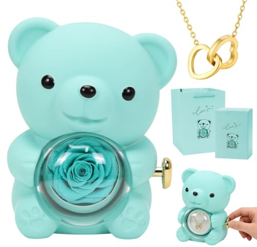 Meleager Ours Rose Eternelle avec Collier,Boite Ours Rose Eternelle Collier,Cadeau Rose Éternelle pour Femme, Saint-Valentin, Fête des Mères, Anniversaire, Cadeau d'anniversaire (Bleu)