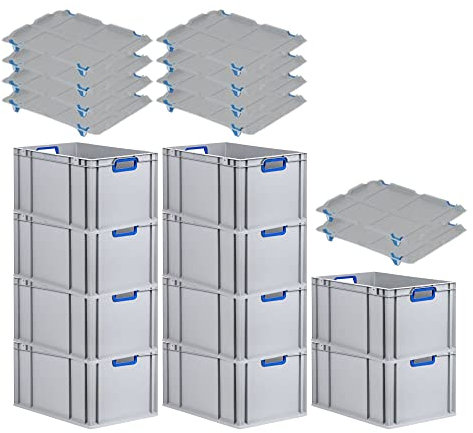 PROREGAL SuperSparSet 10x Eurobox NextGen Color mit Auflagedeckel & Schiebeschnappverschlüsse, HxBxT 32x40x60cm, 65L, Griffe blau offen, Verstärkter Boden, Eurobehälter Transportbox Transportbehälter