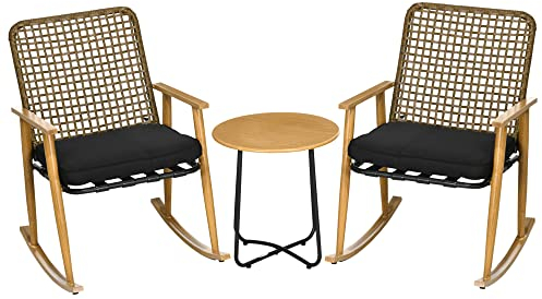 Outsunny 3-TLG. Gartenmöbel-Set, Ratten Schaukelstuhl-Set inkl. 2 Schaukelstühlen, 1 Couchtisch, Sitzgruppe mit Kissen, für Garten, Balkon, Polyester, Stahl, Schwarz+Natur