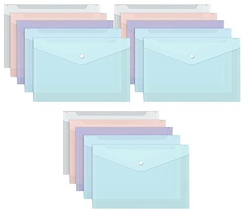 Dokumententasche A4,Sichttasche Durchsichti Kunststoff,15 Pack A4 Datei Taschen mit Druckknopf,Dokumenten-Mappen A4,Dokumentenmappe A4 Transparent,Bunt Dokumententasche,Dokumententasche mit Druckknopf