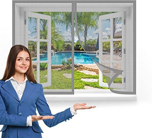 Moustiquaire Fenêtre Magnétique 150 x 140 cm, Moustiquaire Aimantée Fenetre, Kit d'installation pour La Plupart des Fenêtres, Gris