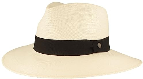 Breiter Panama Chapeau d'été original avec protection UV 50+, garniture en cuir, renfort en silicone, fabriqué en Équateur, Blanc, bracelet noir, 60