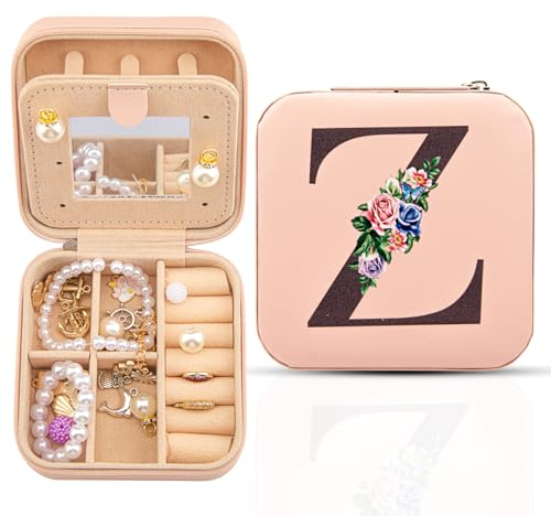 Reise-Schmuckschatulle mit Spiegel, Reise-Essentials-Schmuckhalter-Organizer, Ring-Halskette-Ohrring-Organizer, personalisiertes anfängliches Reiseschmuckkästchen, Geschenke für Frauen und Mädchen,Z