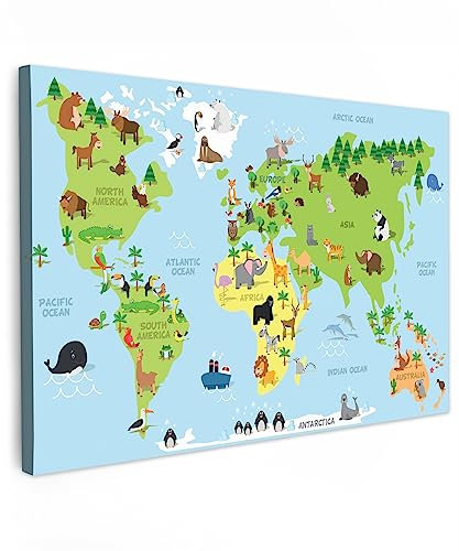 MuchoWow© Wandbilder 90x60 cm Wohnzimmer Wanddeko Schlafzimmer Zimmerdeko Fotowand Zimmer Deko Wand Dekoration Wall Art Leinwand Bild Weltkarte Kinder - Landkarte Welt - Tiere - Kinderzimmer