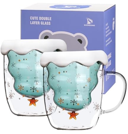 SHENDONG Christmas Tree Coffee Mugs Set of 2 Cute Mugs with Lid Tea Cup Milk Cup Double Wall Insulated Glasses Espresso Cup Best Christmas Gifts for Women Kids Girls Men Office and Personal
