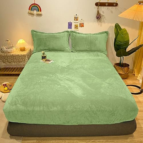 Warme Winter Spannbettlaken Bettlaken Fleece 200x200 Grün Flausch Cashmere Touch Teddy Plüsch Flanell Kuschelige Flauschige Bett Spannbetttuch Weich für Boxspringbetten Topper 30 cm Hohe Matratzen