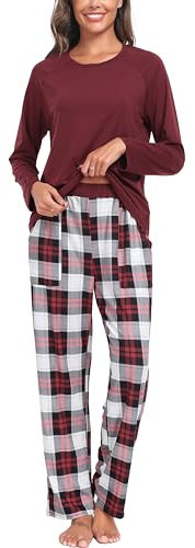 Lovasy Pyjama Coton Femme Long Ensemble de Pijama Hiver Chaud Vêtement de Nuit 2 Pièces Cofortable Haut à Manches Longues Sleepwear Maison Costume à Carreaux Vin Rouge L